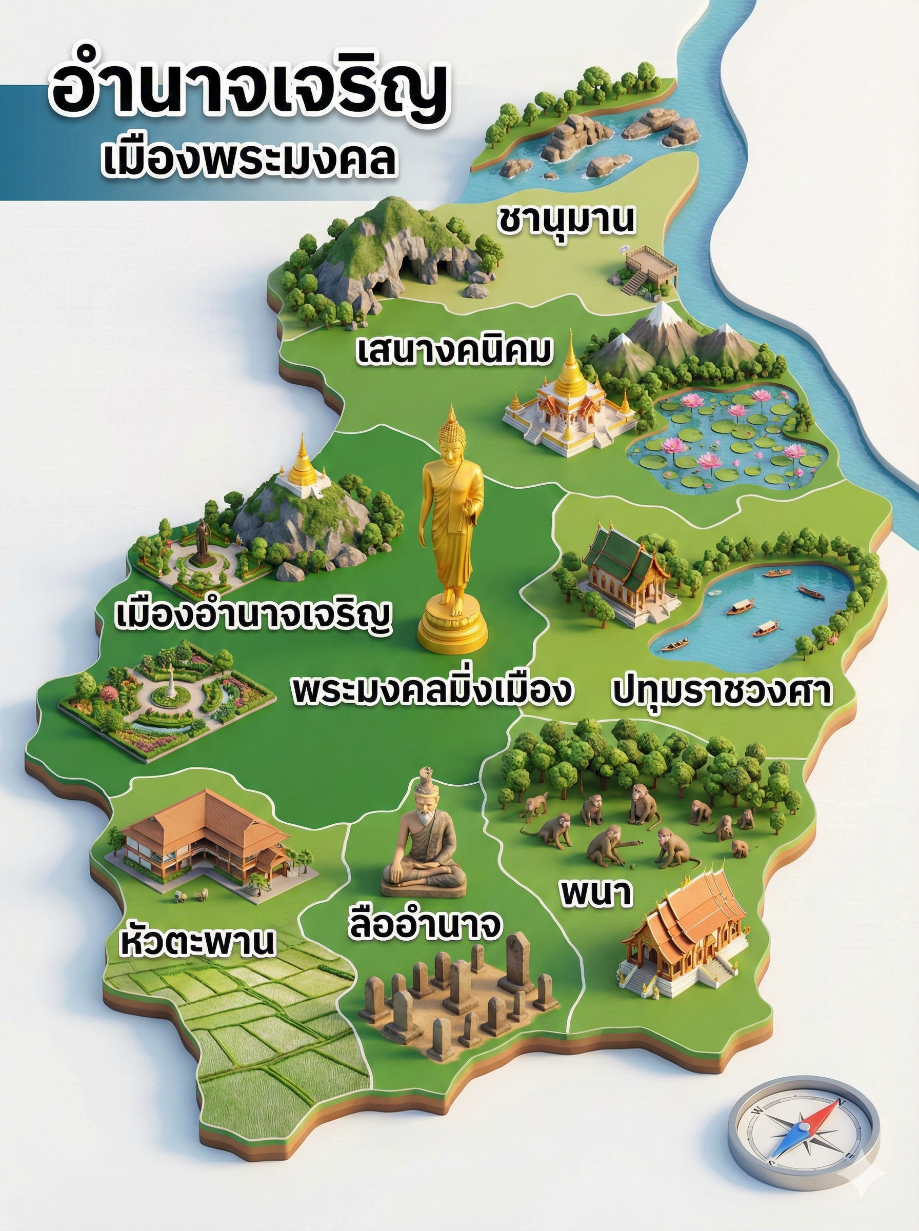 แผนที่ 3D สไตล์การ์ตูนอนิเมชั่น "จังหวัดอำนาจเจริญ"