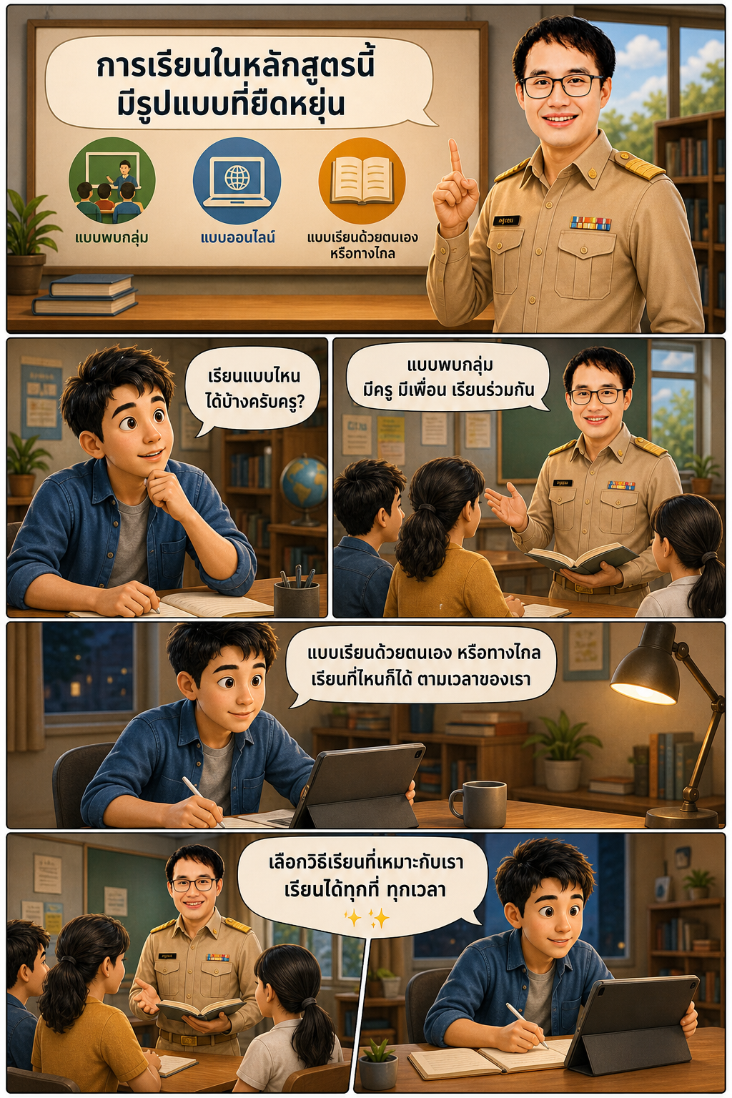 การเรียนในหลักสูตรนี้ มีรูปแบบที่ยืดหยุ่น