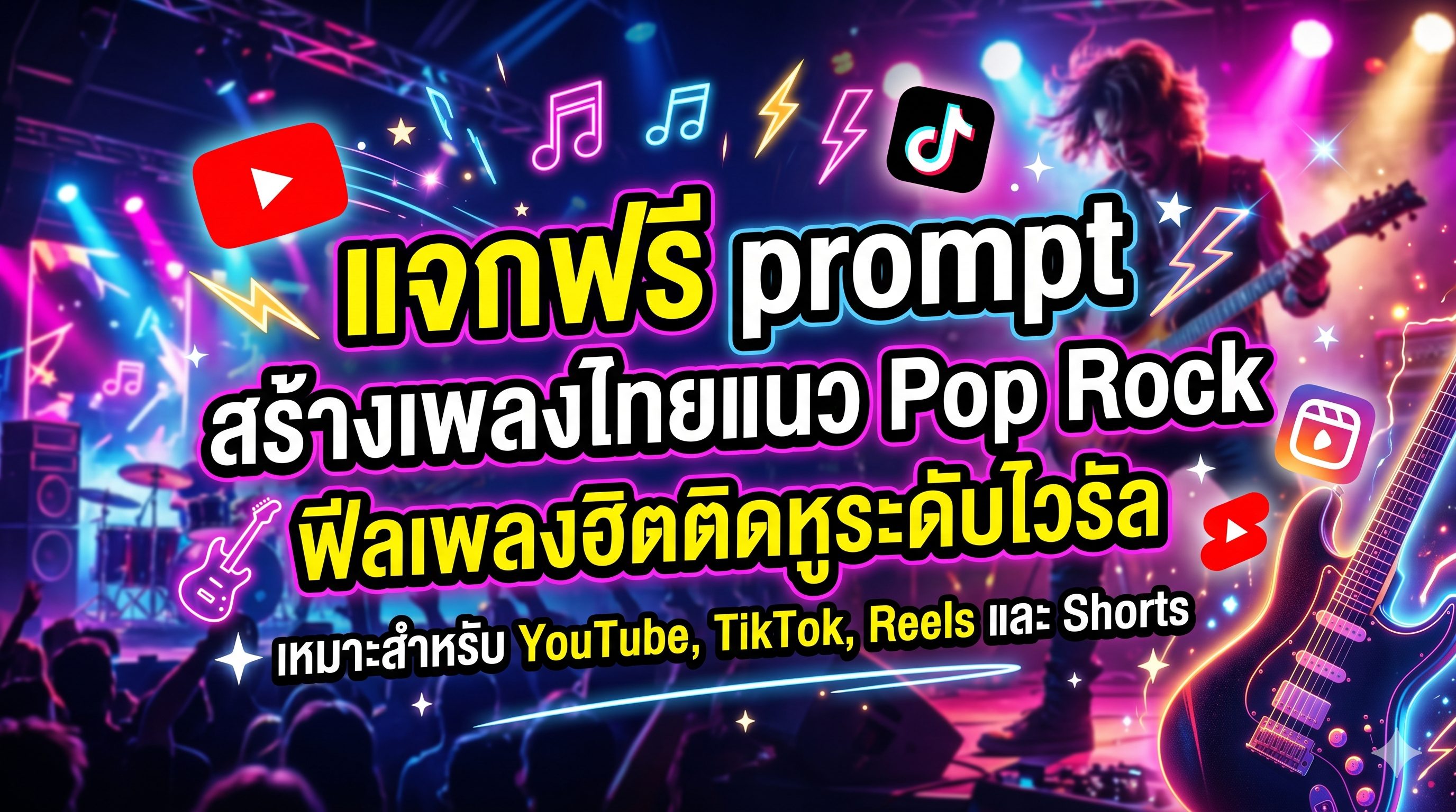 สร้างเพลงไทยแนว Pop Rock ฟีลเพลงฮิตติดหูระดับไวรัล เหมาะสำหรับ YouTube, TikTok, Reels และ Shorts