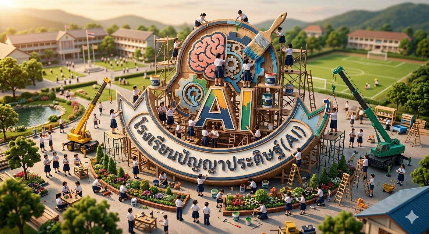 โลโก้โรงเรียนขนาดยักษ์ตั้งอยู่กลางภาพ เหมือนกำลังถูกสร้างขึ้นใหม่