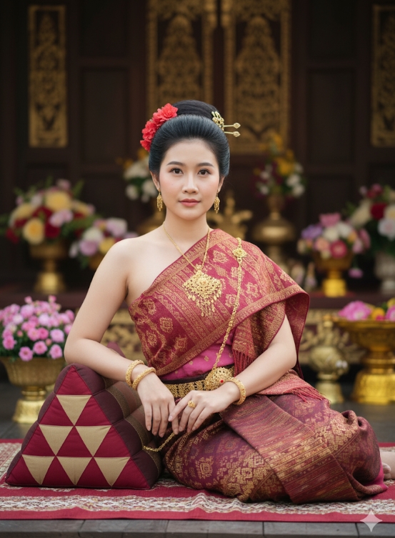 ผ้าซิ่นตีนจกแดงเข้มแถบทองลายทอปราณีต