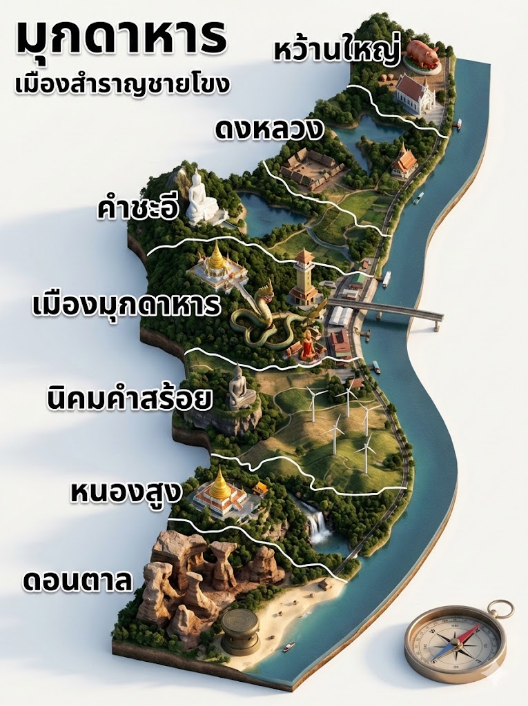อินโฟกราฟิกแผนที่ 3D สไตล์การ์ตูนอนิเมชั่น "จังหวัดมุกดาหาร"