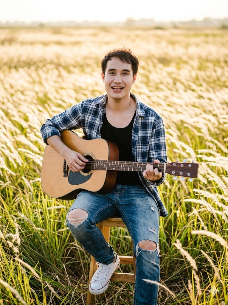 นั่งดีดกีตาร์ร้องเพลงอยู่ในทุ่งดอกอ้อปลิวล้อลมไสว