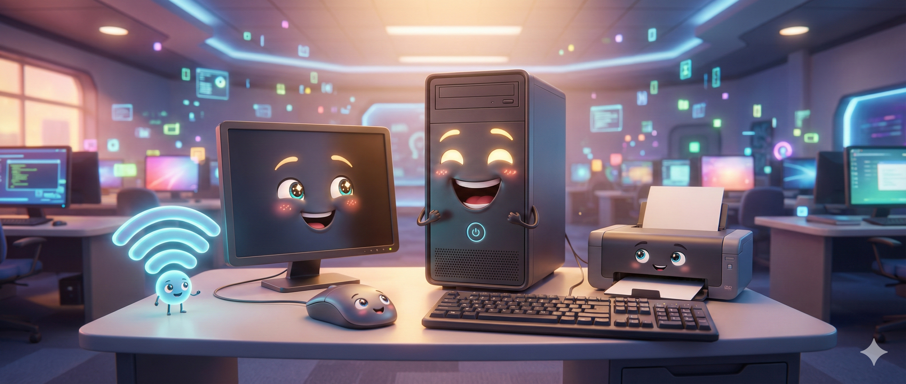 สร้างภาพตัวละครแอนิเมชัน 3D น่ารัก แบบยกชุดอุปกรณ์คอมพิวเตอร์ อยู่ในฉากเดียวกัน
