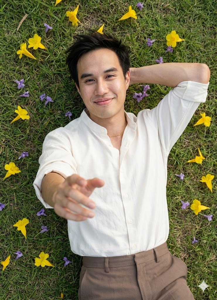 ชายหนุ่มนอนอยู่บนหญ้าสีเขียวสด