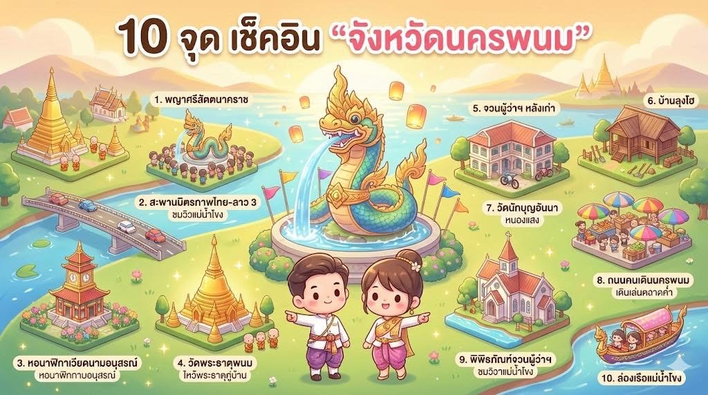 สร้างอินโฟกราฟิก สไตล์การ์ตูน chibi 3D สีสันสดใสสวยงาม หัวข้อเรื่อง 10 จุด เช็คอิน “จังหวัด”