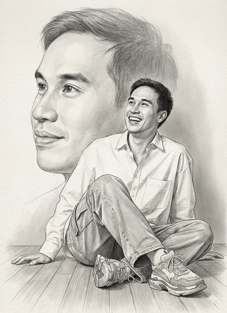 ภาพเหมือนแบบศิลปะ ผู้ชายคนหนึ่งนั่งอย่างสง่างามบนพื้น