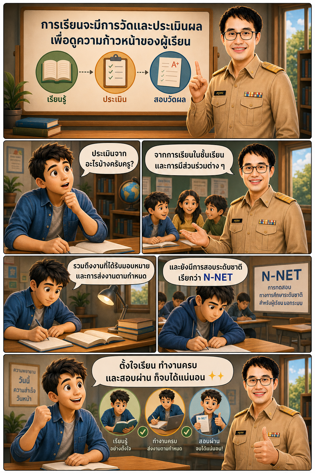 การเรียนจะมีการวัดและประเมินผล เพื่อดูความก้าวหน้าของผู้เรียน