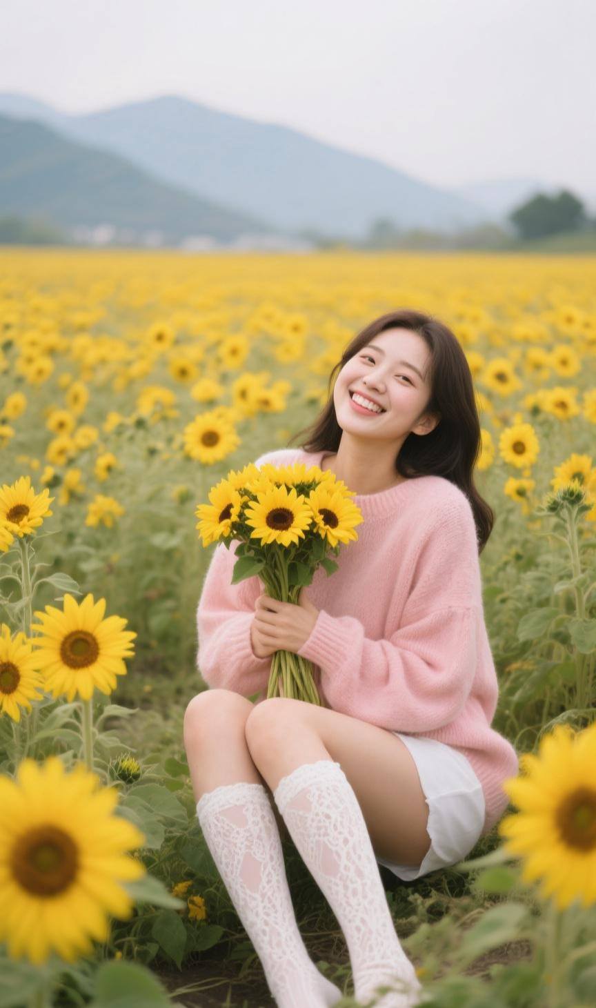 หญิงสาวเกาหลีที่แสนรื่นรมย์และสวยและรอยยิ้ม