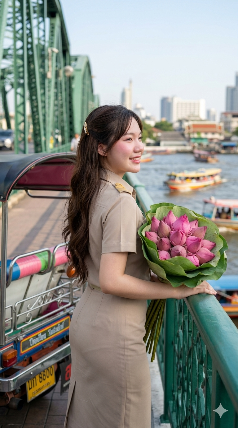 ครูสาวถือช่อดอกบัว ยืนที่สะพานพุทธ