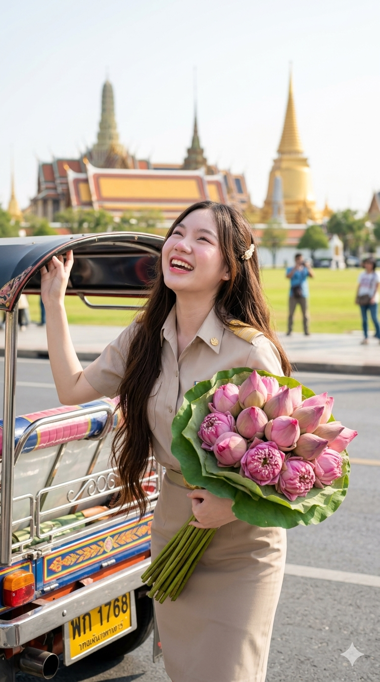 ครูสาวถือช่อดอกบัว ที่วัดพระแก้ว