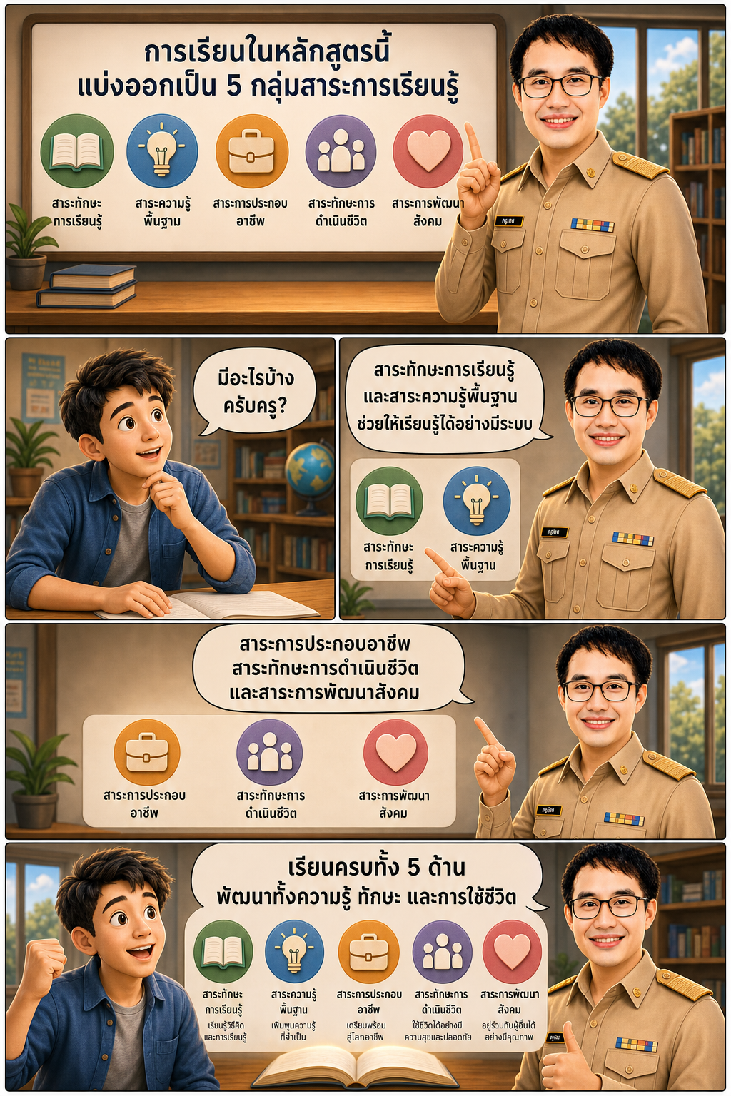 การเรียนในหลักสูตรนี้ แบ่งออกเป็น 5 กลุ่มสาระการเรียนรู้