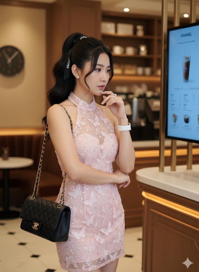 ยืนเลือกกาแฟอยู่ในร้านกาแฟแบรนด์ดัง สะพายกระเป๋า chanel สีดำ