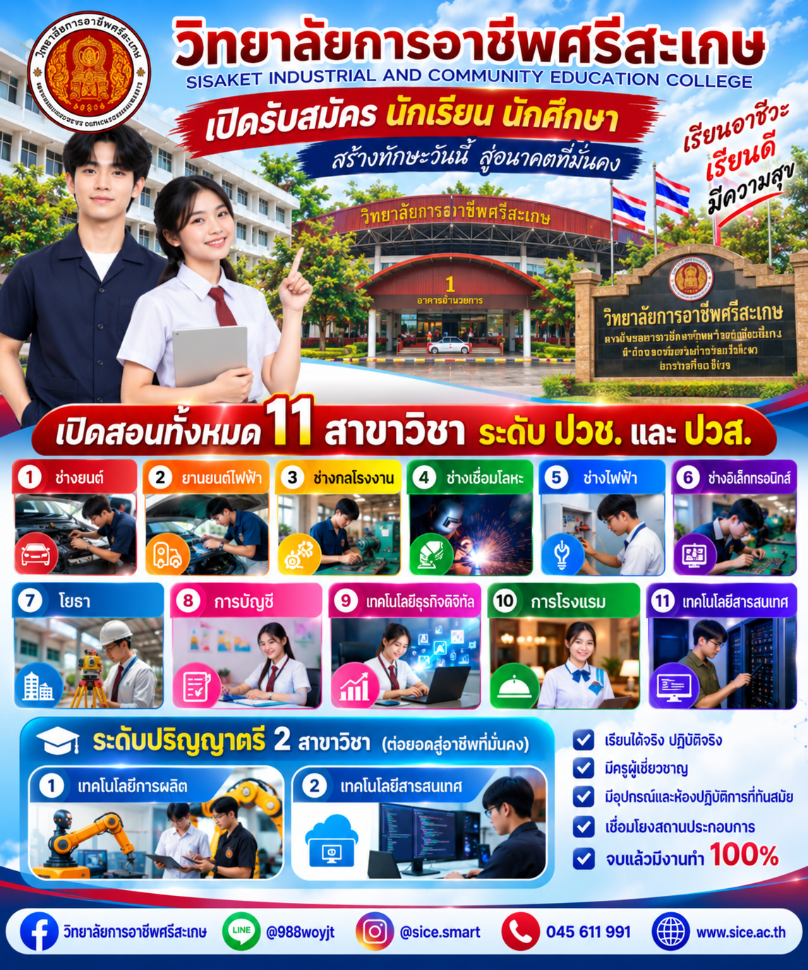 วิทยาลัยการอาชีพศรีสะเกษ เปิดรับสมัครนักเรียน นักศึกษา ระดับ ปวช. ปวส. และปริญญาตรี