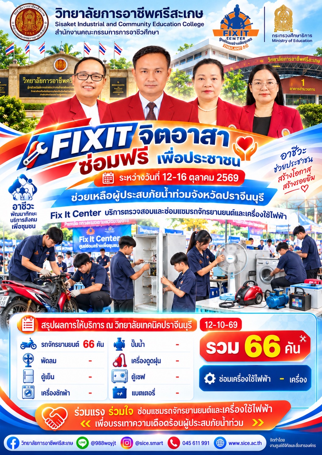 วิทยาลัยการอาชีพศรีสะเกษนำนักศึกษาออกหน่วย Fix It Center ช่วยเหลือผู้ประสบอุทกภัยจังหวัดปราจีนบุรี