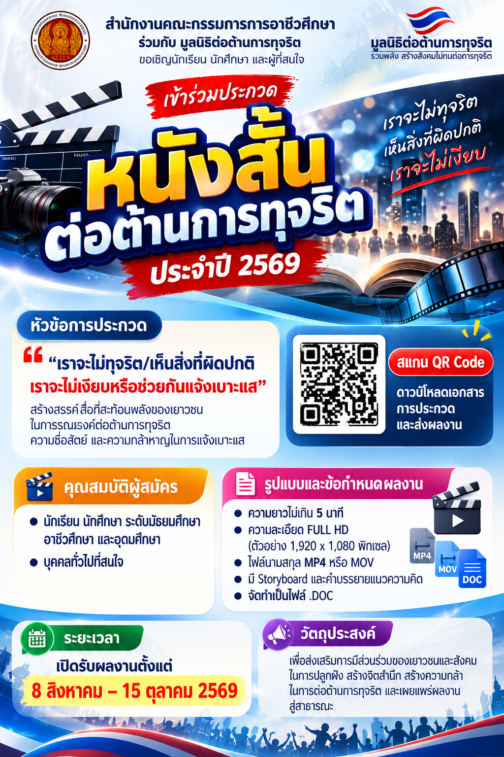 ขอเชิญชวนนักเรียน นักศึกษา และผู้สนใจร่วมส่งผลงานประกวดหนังสั้นต่อต้านการทุจริต ประจำปี 2569