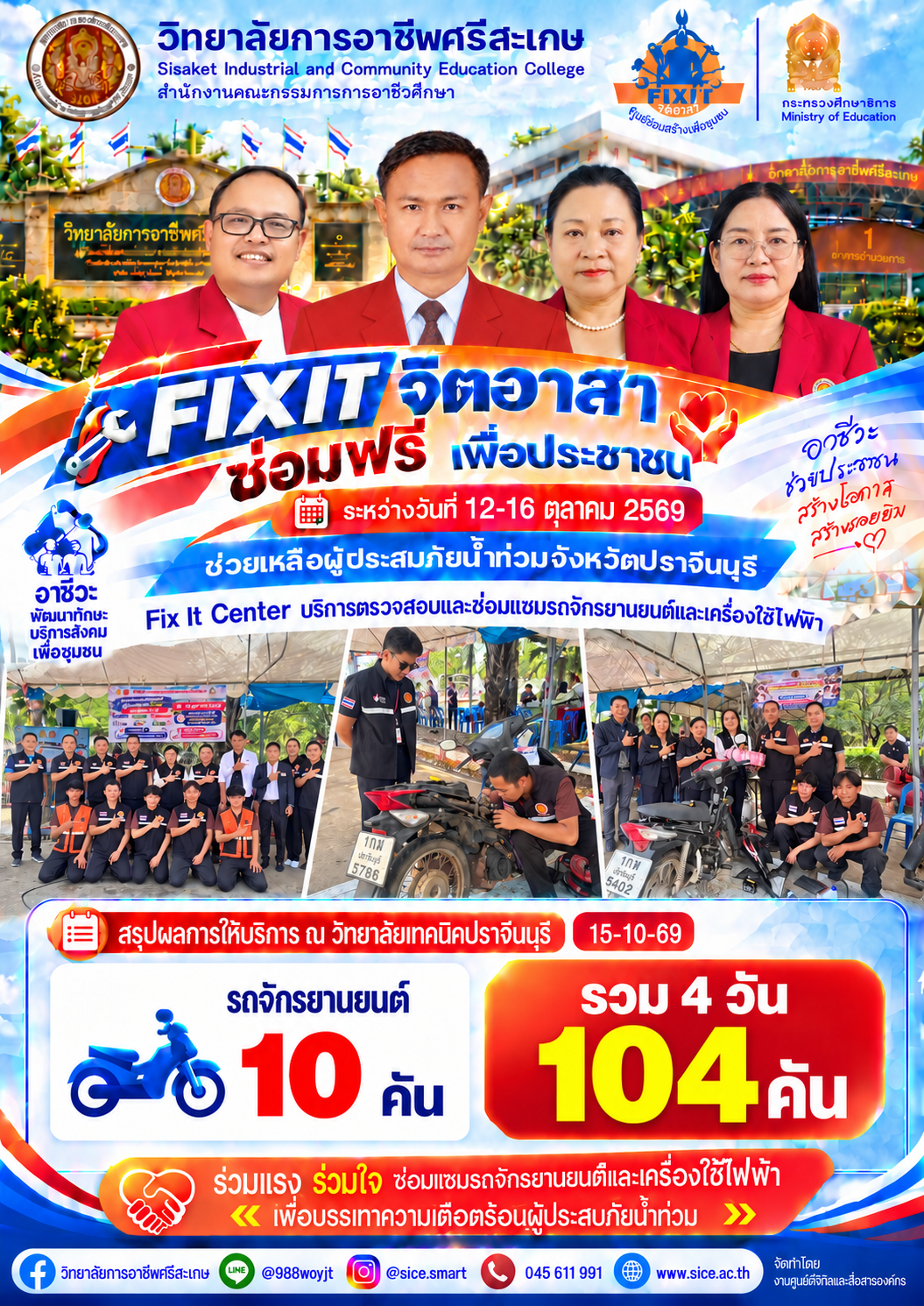 วิทยาลัยการอาชีพศรีสะเกษดำเนินโครงการ Fix It จิตอาสา ซ่อมรถจักรยานยนต์ฟรีแก่ผู้ประสบภัยน้ำท่วมจังหวัดปราจีนบุรี
